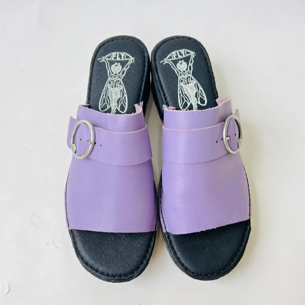 Fly London Leather chunky heels sandals, Eple Violet, Size 40